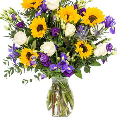 Sunflowers, White Roses & Purple Eustoma